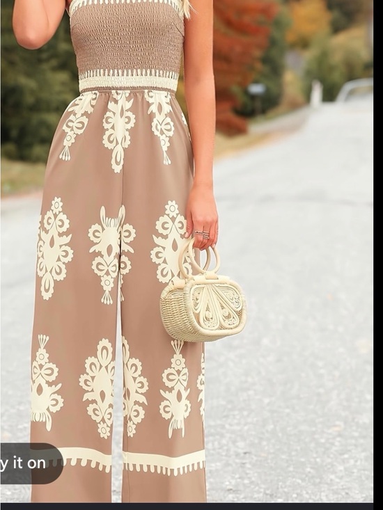 Pants - Cream-Print Taupe Wide-Leg Jumpsuit- removable straps - size L- new